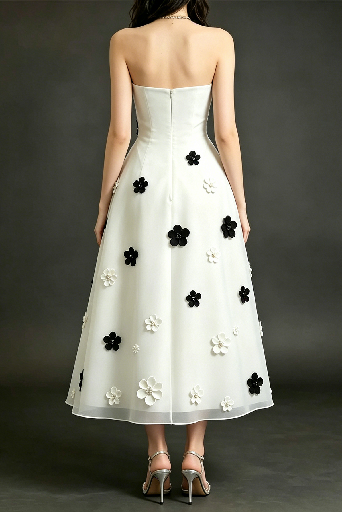 Draped Strapless 3D Floral Organza Midi Dress