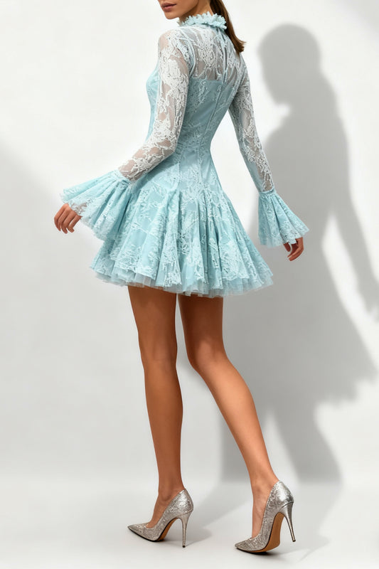 blue  Embroidered Flared Mini Dress