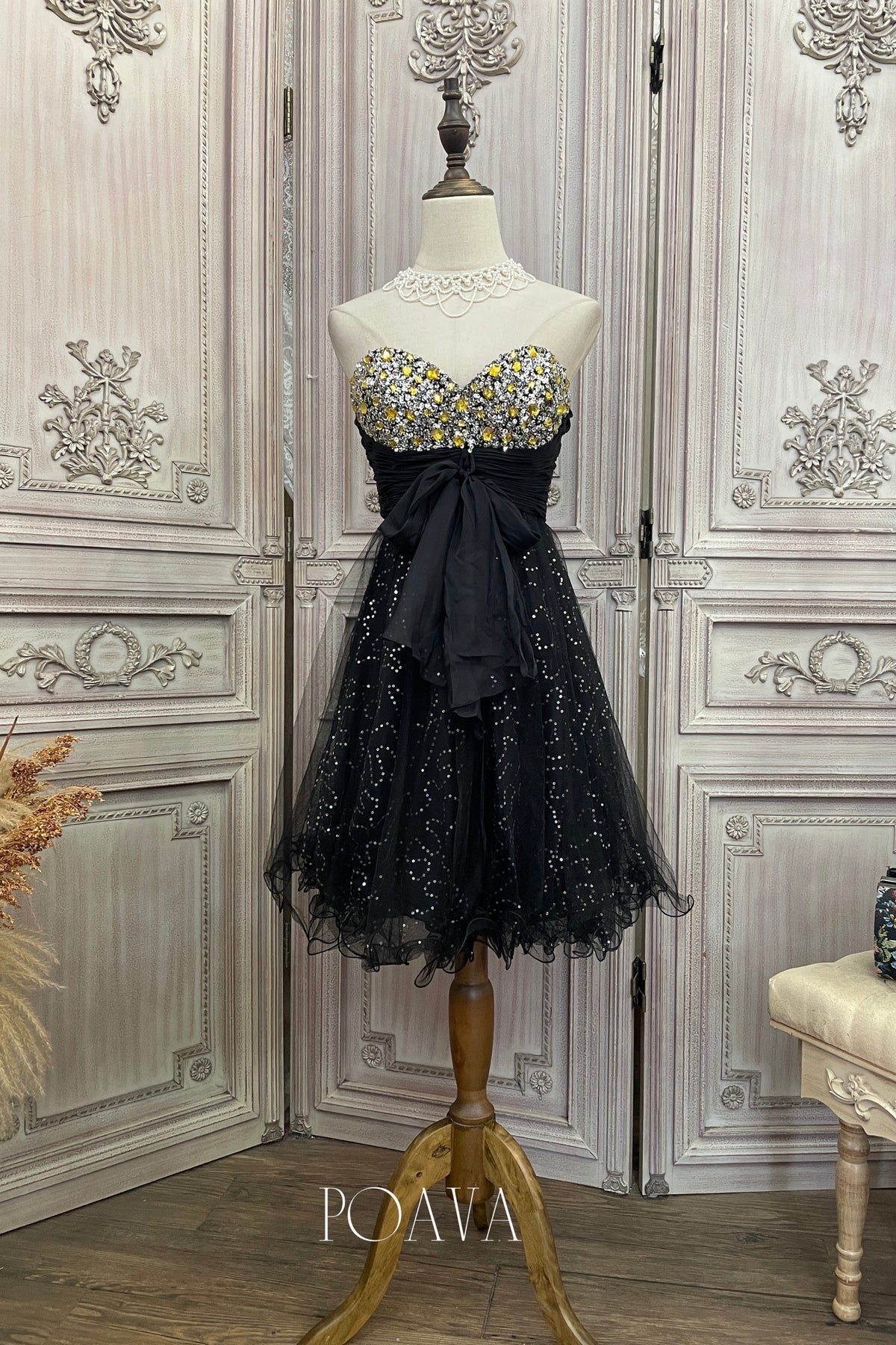 Embellished Mini Strapless Dress In Black