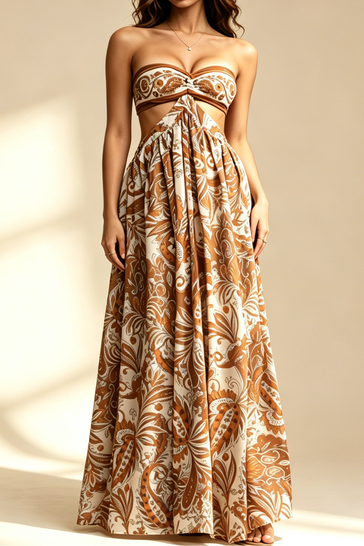 Boho Paisley Print Strapless Tube Top Cutout Flowy Maxi Dress