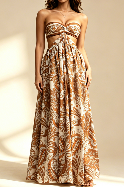 Boho Paisley Print Strapless Tube Top Cutout Flowy Maxi Dress