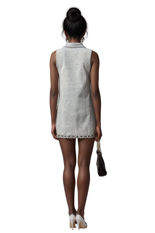 Daphné blue crystal sleeveless denim mini dress