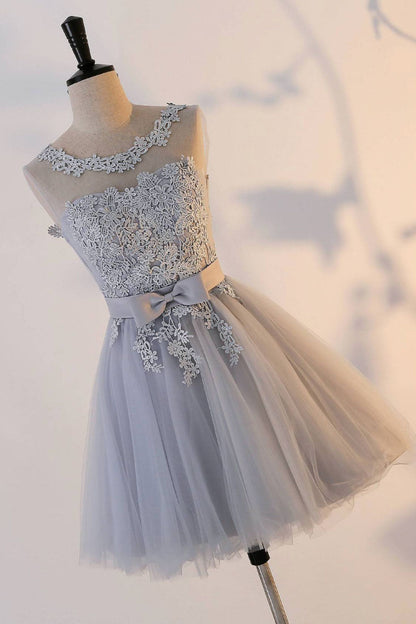 gray tulle lace mini prom dress