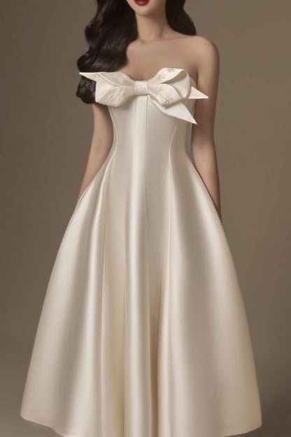 BEIGE FLARED SEMI-HEART NECK TAFFETA MIDI DRESS