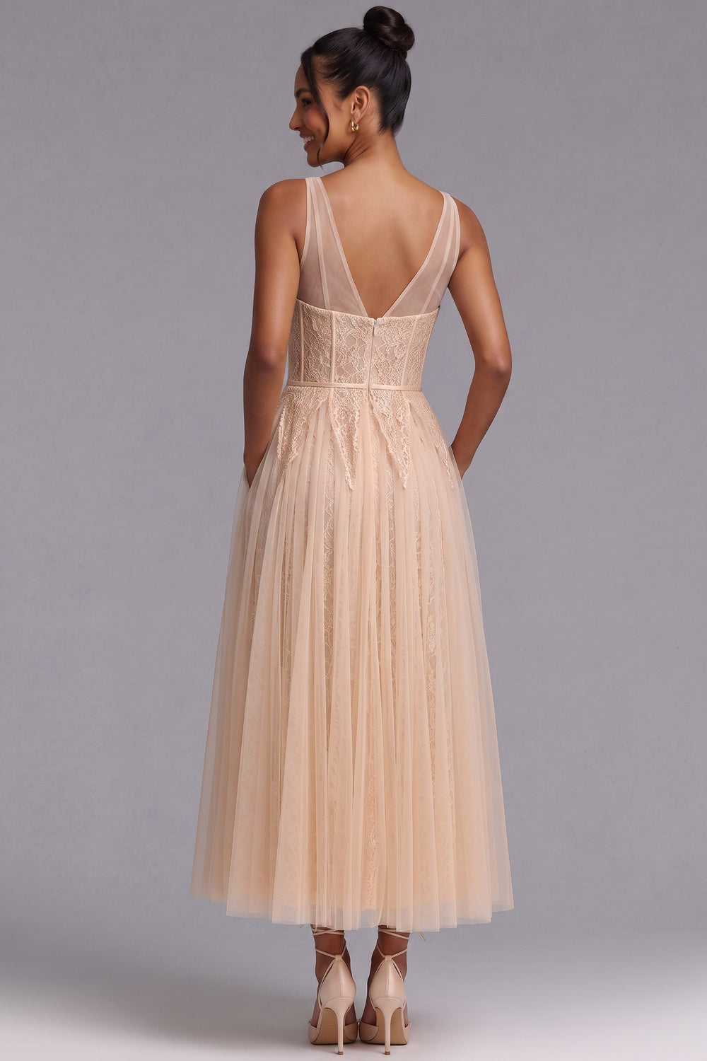 Champagne Lace V-Neck Evening Dress Premium Fabric - product view 3