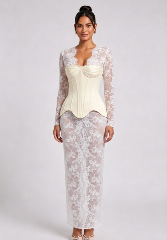 white sheer floral lace column dress with structured hourglass corset overlay layered maxi dress