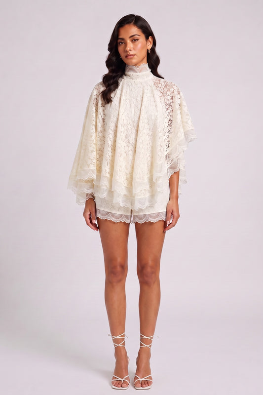 Cream Lace High Neck Tiered Ruffle Cape Blouse & Lace Shorts Two-Piece Set