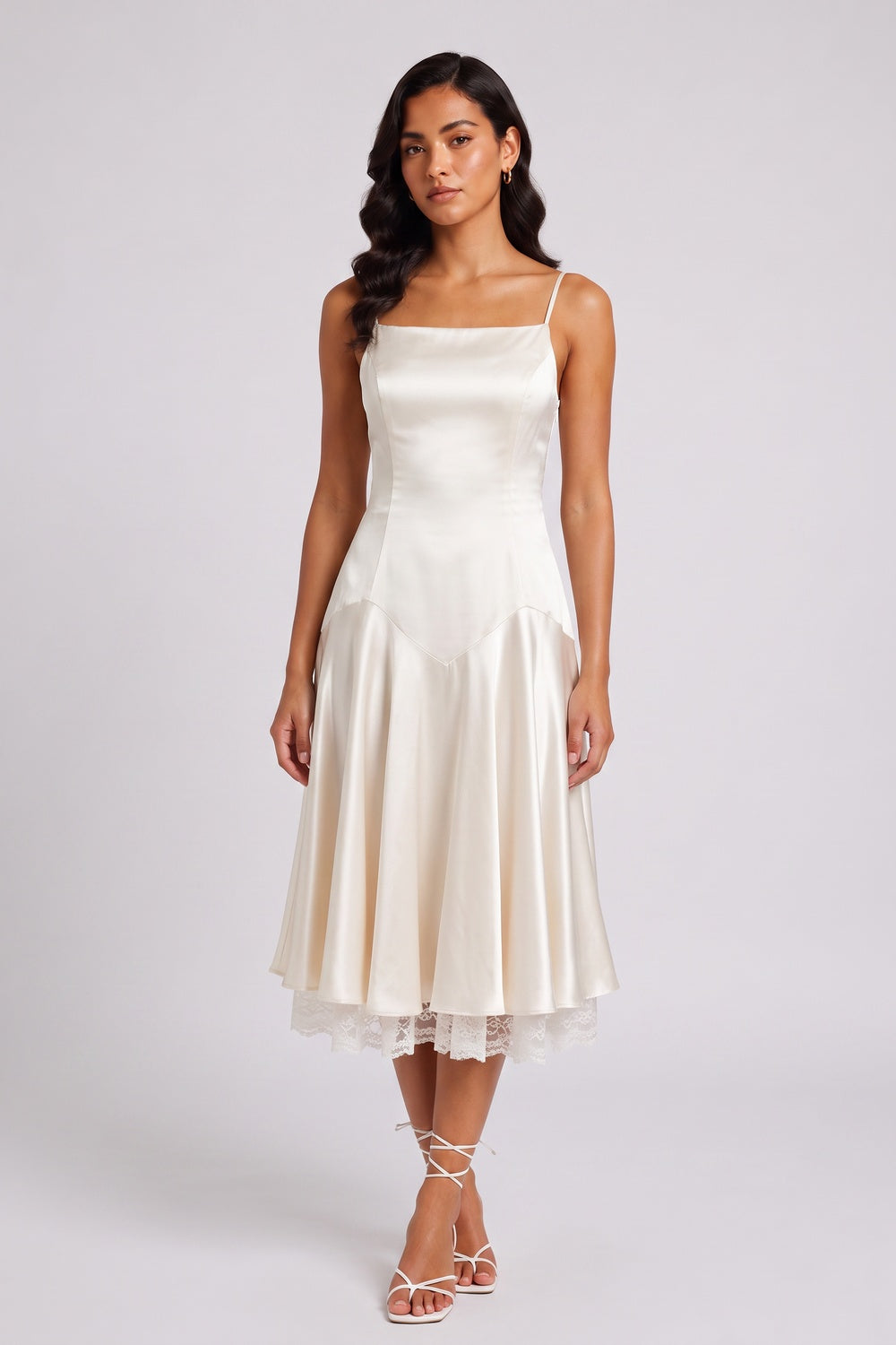 Ivory Spaghetti Strap Satin Lace Underlayer Hem Midi Slip Dress