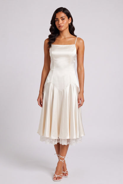 Ivory Spaghetti Strap Satin Lace Underlayer Hem Midi Slip Dress