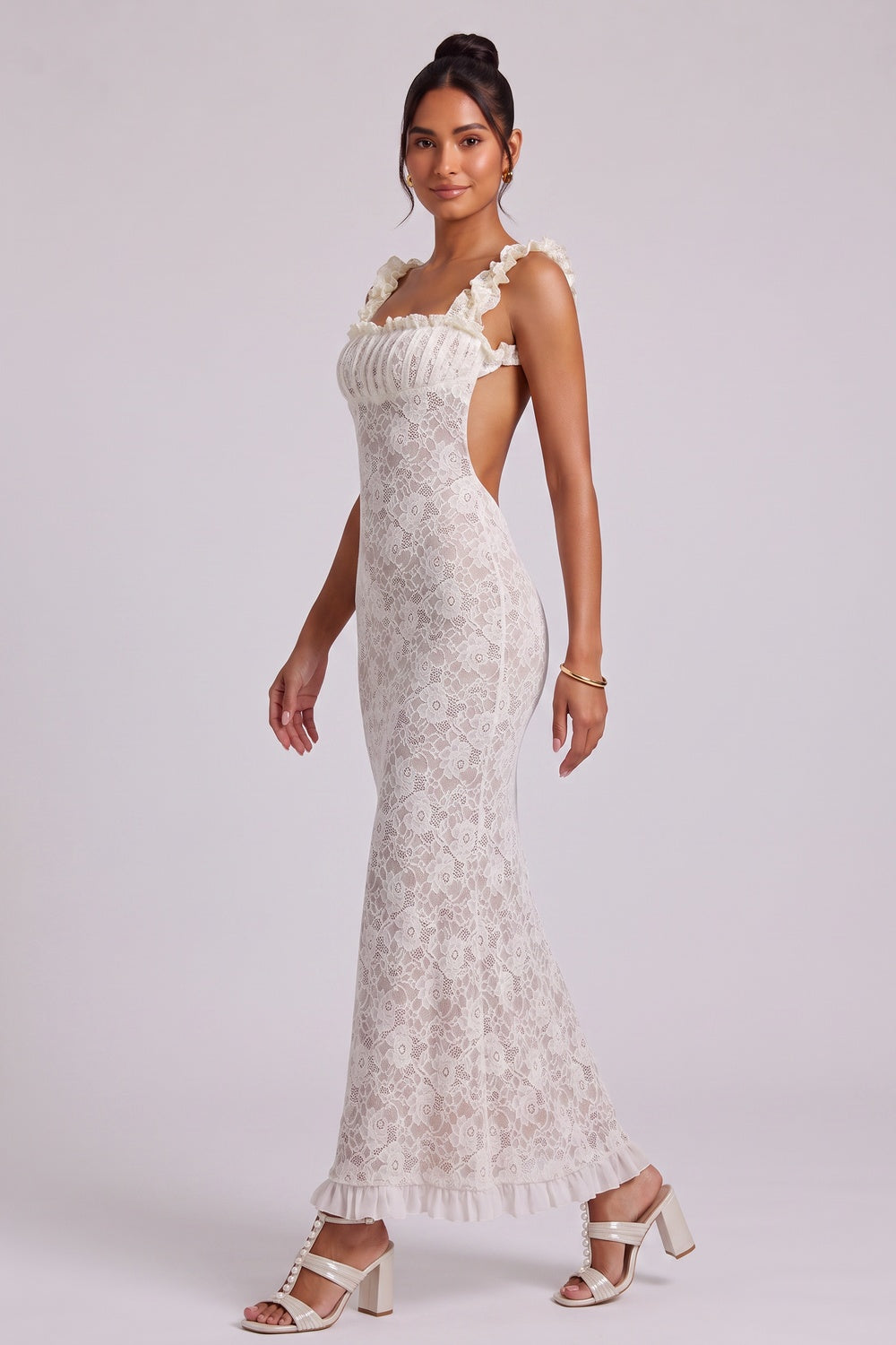 White Lace Maxi Dress with Ruffled Square Neckline Premium Fabric - product view 3