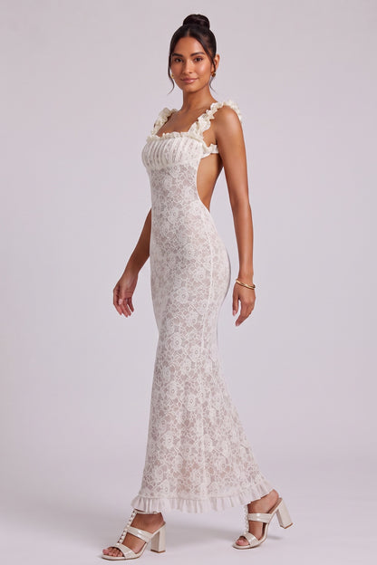 White Lace Maxi Dress with Ruffled Square Neckline Premium Fabric - product view 3