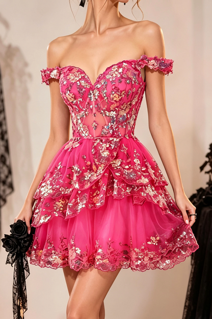 Sparkly Pink A Line Off The Shoulder Corset Tiered Lace Short Homecoming Dress