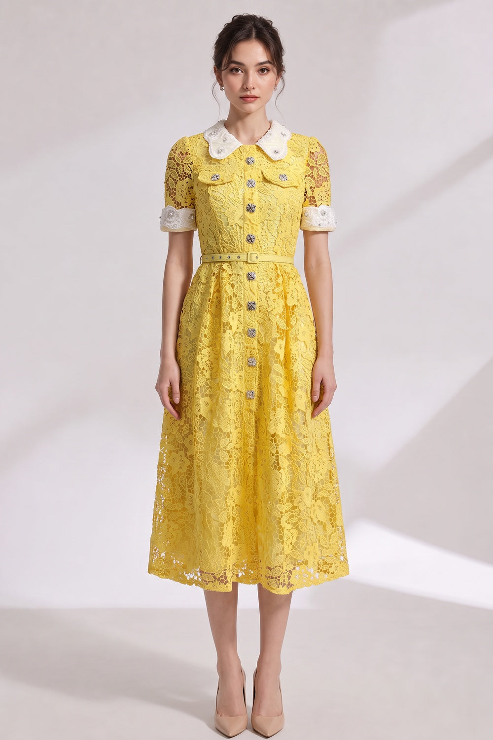 Yellow Guipure Floral Lace A-Line Midi Dress yellow guipure floral lace dress - product view 1