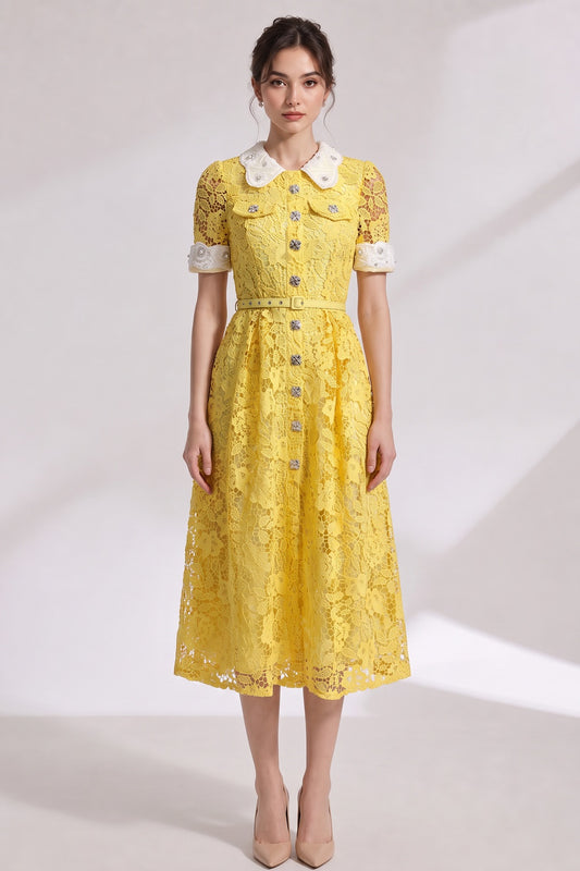 Yellow Guipure Floral Lace A-Line Midi Dress yellow guipure floral lace dress - product view 1