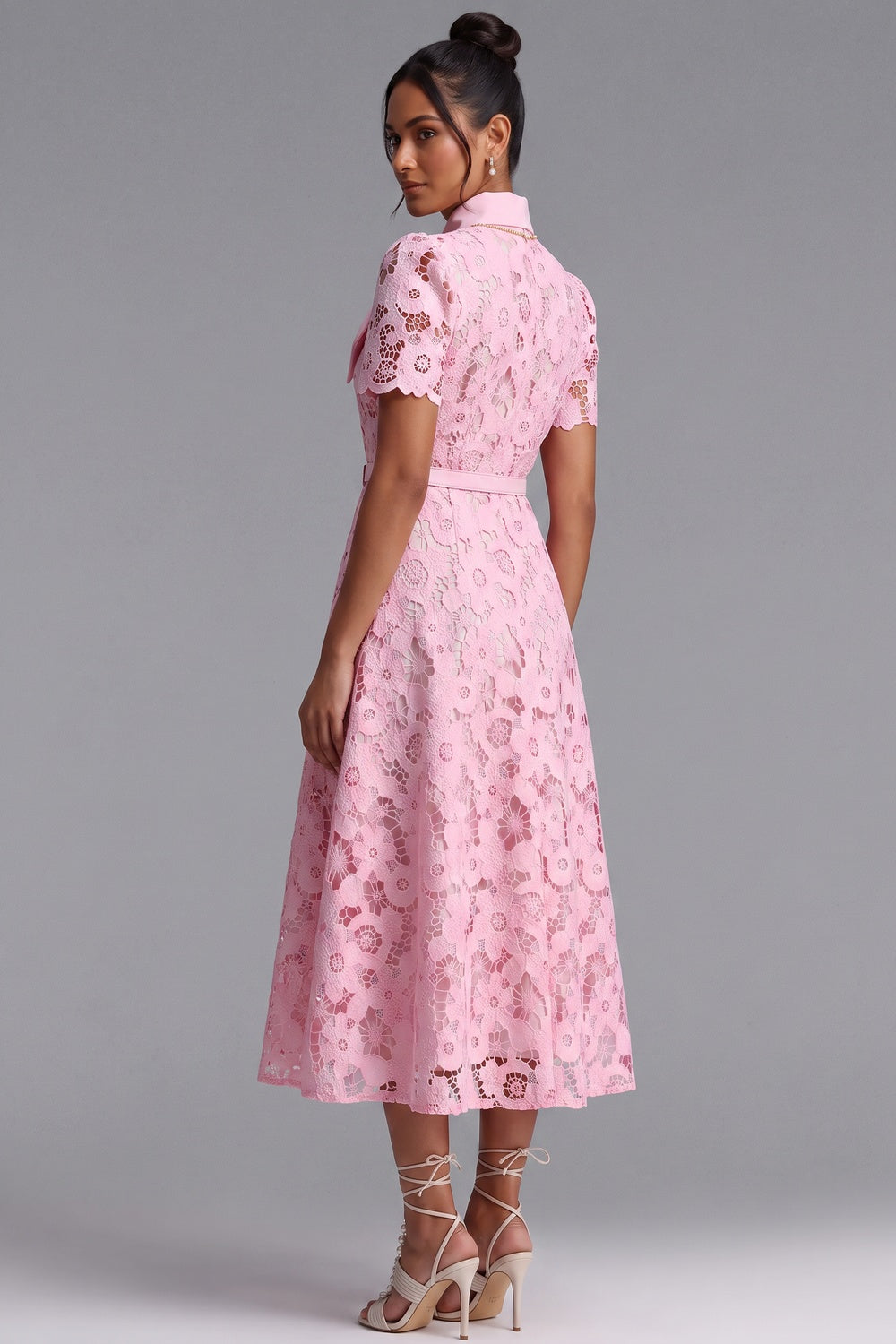Light Pink Floral Lace A-Line Midi Dress light pink floral lace dress - product view 2