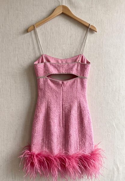 Pink Tweed Sheath Mini Dress with Rhinestone Cutout and Feather Trim