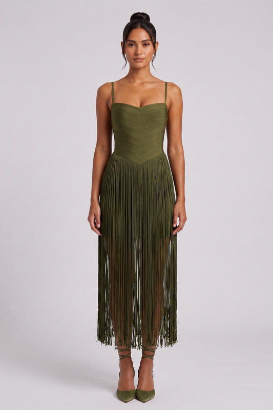 Olive Green Heavy Stretch Knit Fitted Bodice with Straight Fringe Skirt Dress olive green heavy stretch knit dress - product view 1