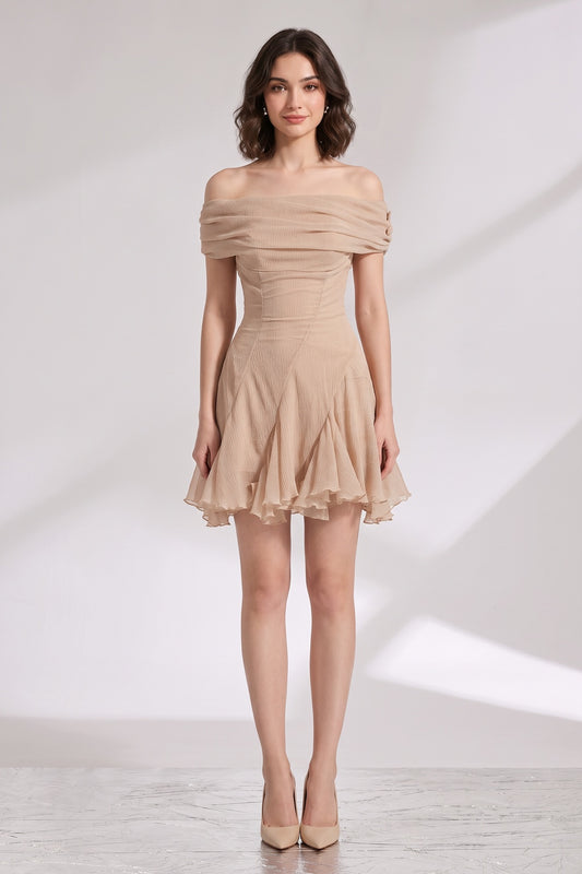 Beige Crinkled Chiffon Off-the-Shoulder Fit-and-Flare Mini Dress beige crinkled chiffon dress - product view 1