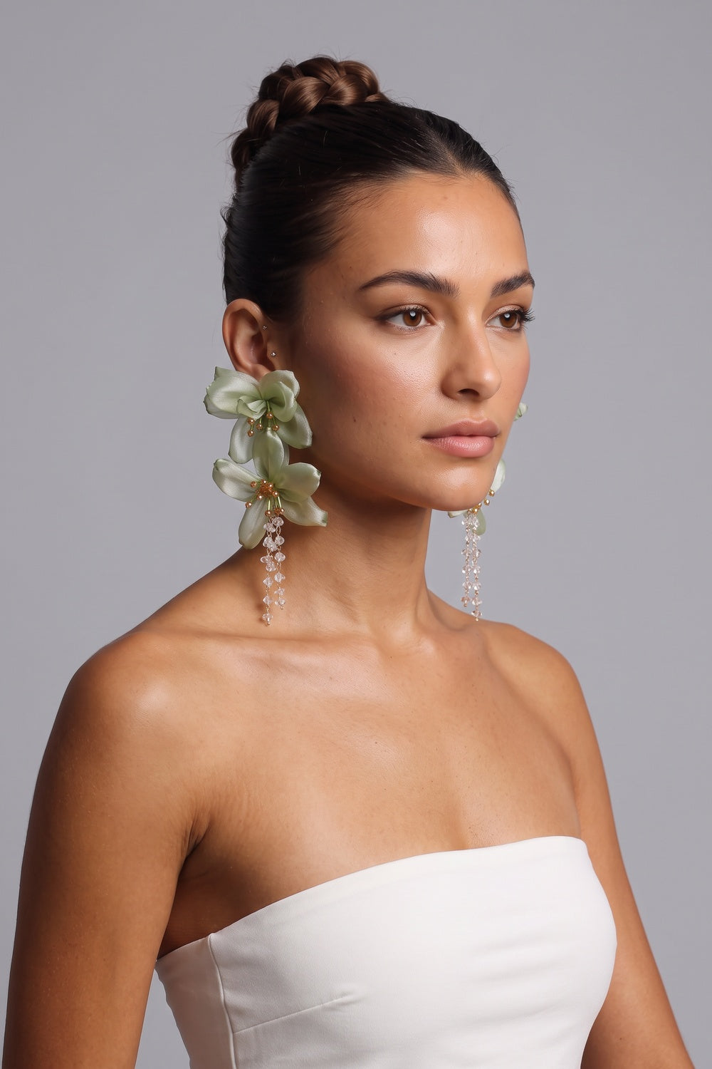 Light Green Organza Floral Crystal Tassel Drop Earrings