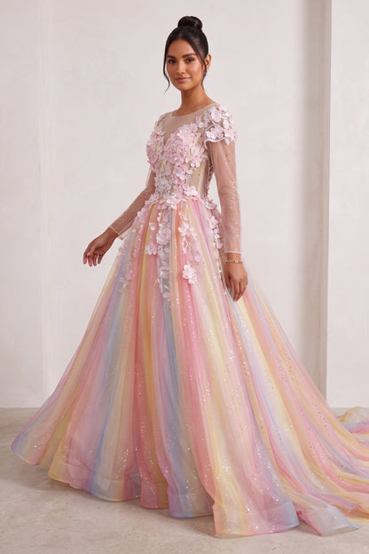 Pastel Gradient Tulle Ballgown Gown with 3D Floral Appliques pastel pink, pastel yellow, pastel blue, pastel purple tulle gown - product view 4