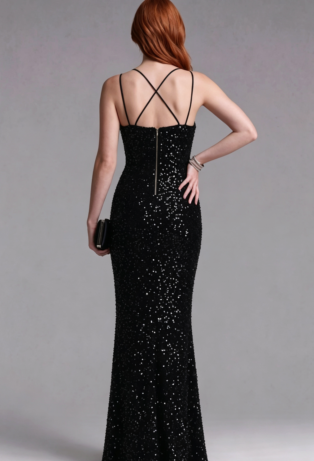 Black Sequined Fitted Column Evening Gown