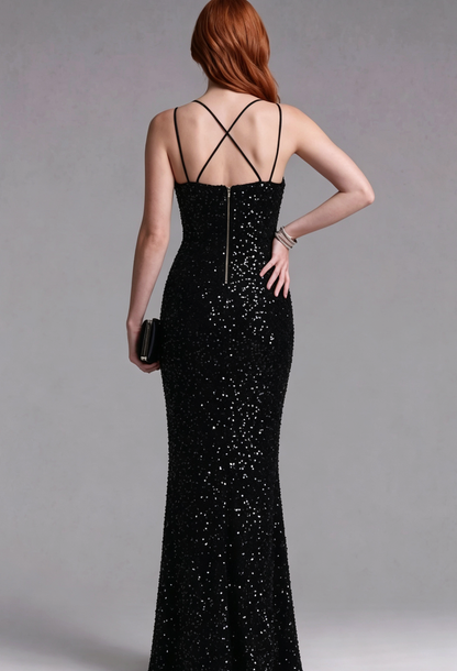 Black Sequined Fitted Column Evening Gown