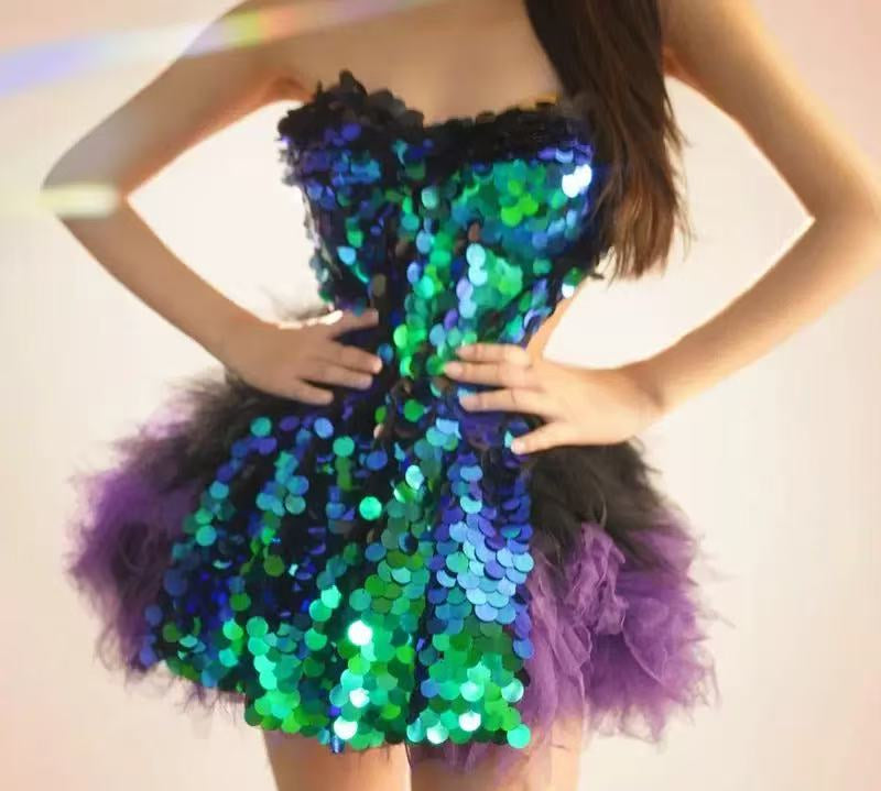 Sparkly Sequins Ruffles Backless Two Pieces Set