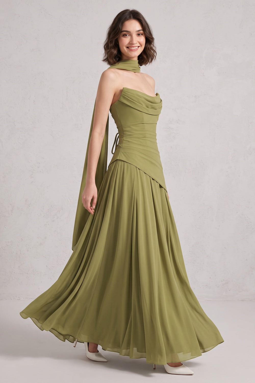 Olive Green Chiffon A-Line Gown with Draped Cowl and Lace-Up Back olive green chiffon gown - product view 1