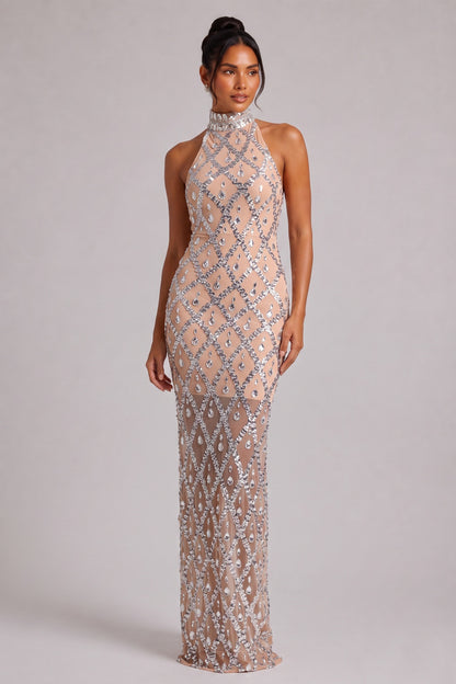 Silver Crystal Halter Neck Floor-Length Gown Premium Fabric - product view 1