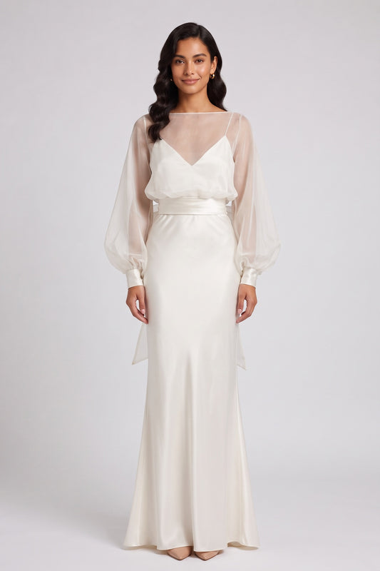 Ivory Silk Satin Column with Flared Hem Gown ivory silk satin gown - product view 1
