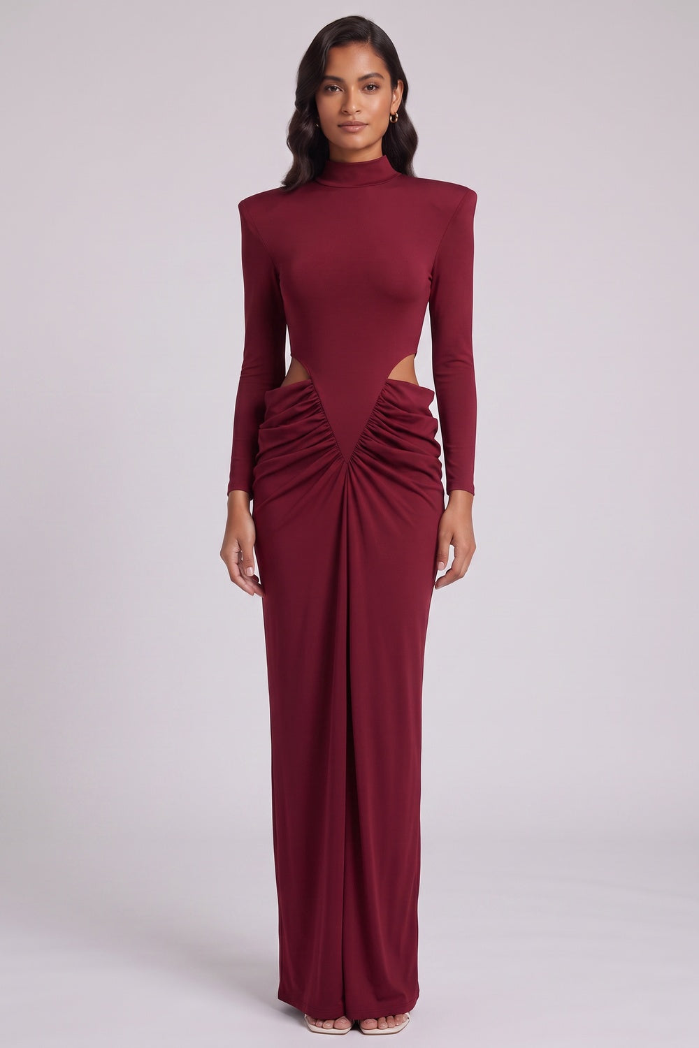 Burgundy Stretch Jersey Column Gown with Structured Shoulders burgundy stretch jersey gown - product view 3