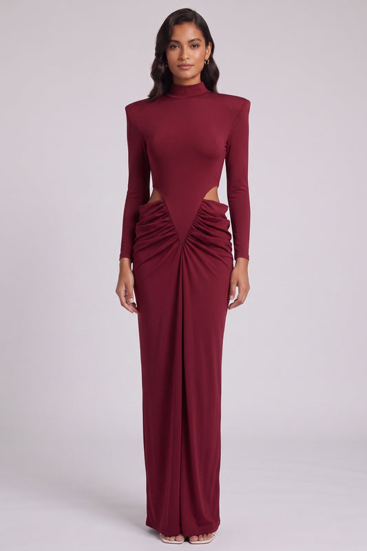 Burgundy Stretch Jersey Column Gown with Structured Shoulders burgundy stretch jersey gown - product view 3