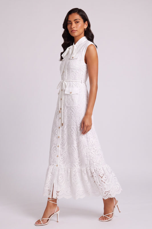 White Sleeveless Tie Neck Cargo Pocket Lace Midi Shirt Dress
