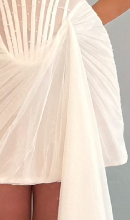 White Structured Crepe Fitted Corset Mini Dress with Draped Wrap Skirt
