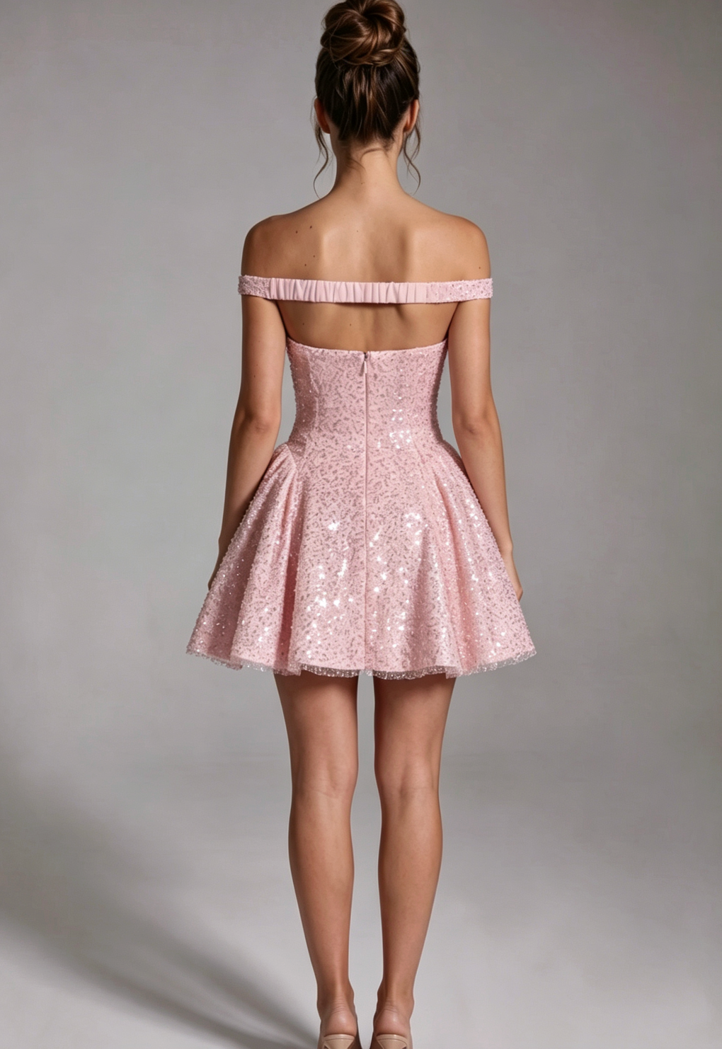 Light Pink Glitter-Embellished Tulle Fit-and-Flare Mini Dress