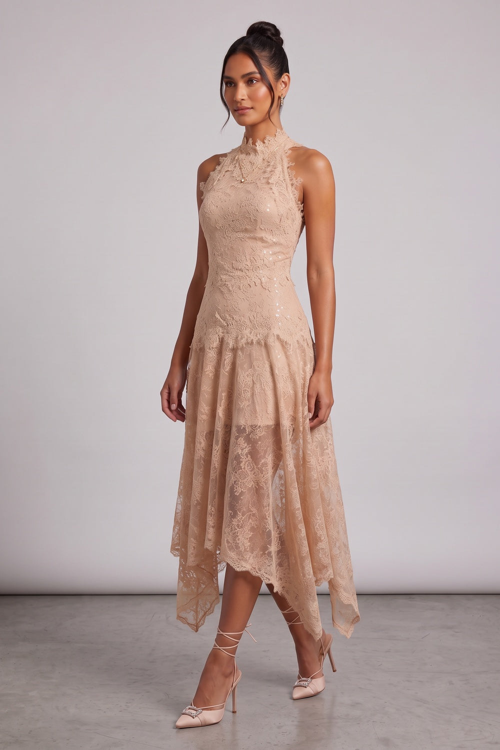Beige Peach Floral Lace A-Line Midi Dress beige, peach floral lace dress - product view 4