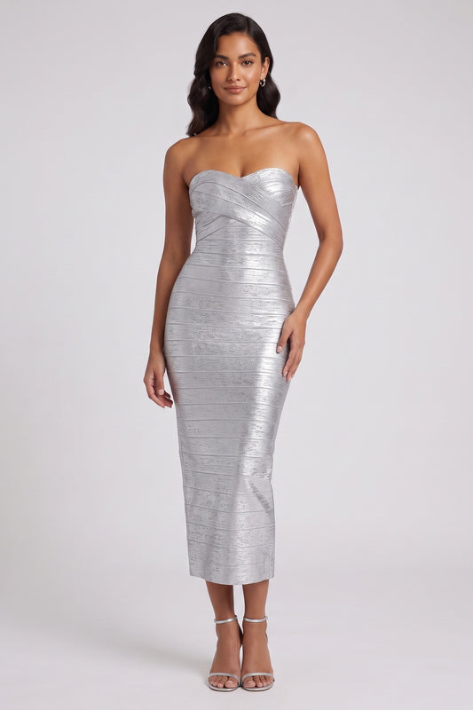 Silver Metallic bandage knit Bodycon Dress Silver Metallic bandage knit Dress - product view 1