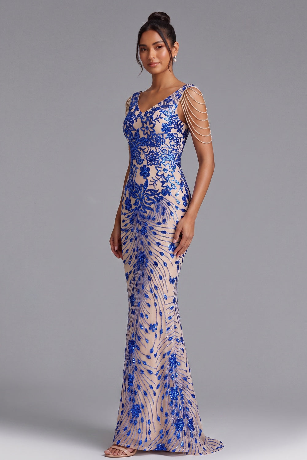Royal Blue Sequin Embroidered Floor-Length Gown Premium Fabric - product view 2