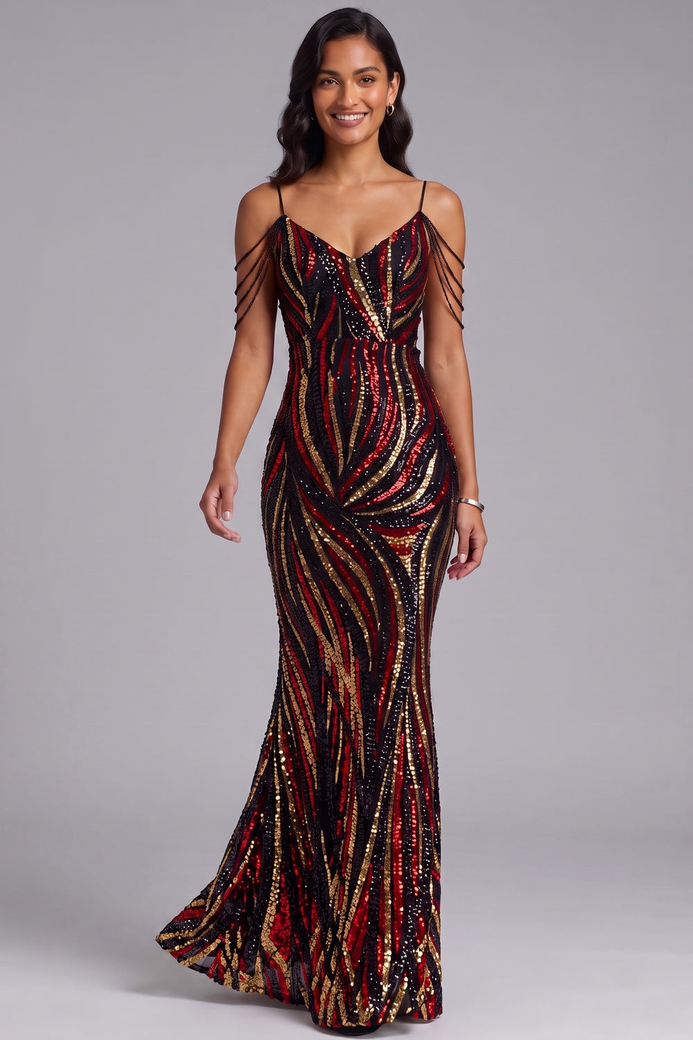 Sequin Cold Shoulder Floor-Length Gown Premium Fabric - product view 3