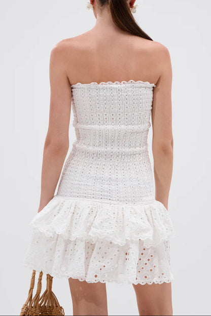 eyelet layered strapless mini dress in white