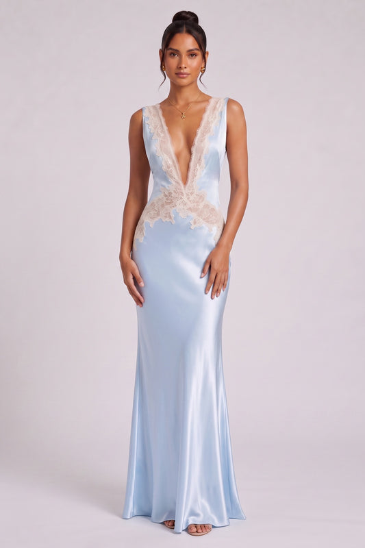 Light Blue Satin Slip Gown with Lace Applique light blue satin gown - product view 2