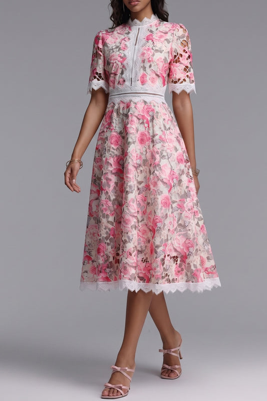 Pink Floral Cutwork Lace Midi Dress