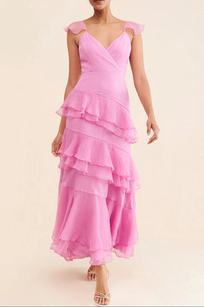 lucy Chiffon Ruffle layered Midi Dress in pink