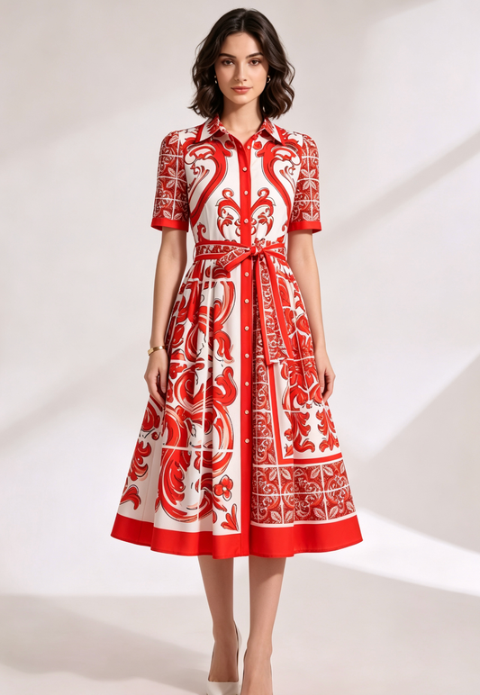 white structured cotton or silk blend A-line, fit-and-flare shirt dress