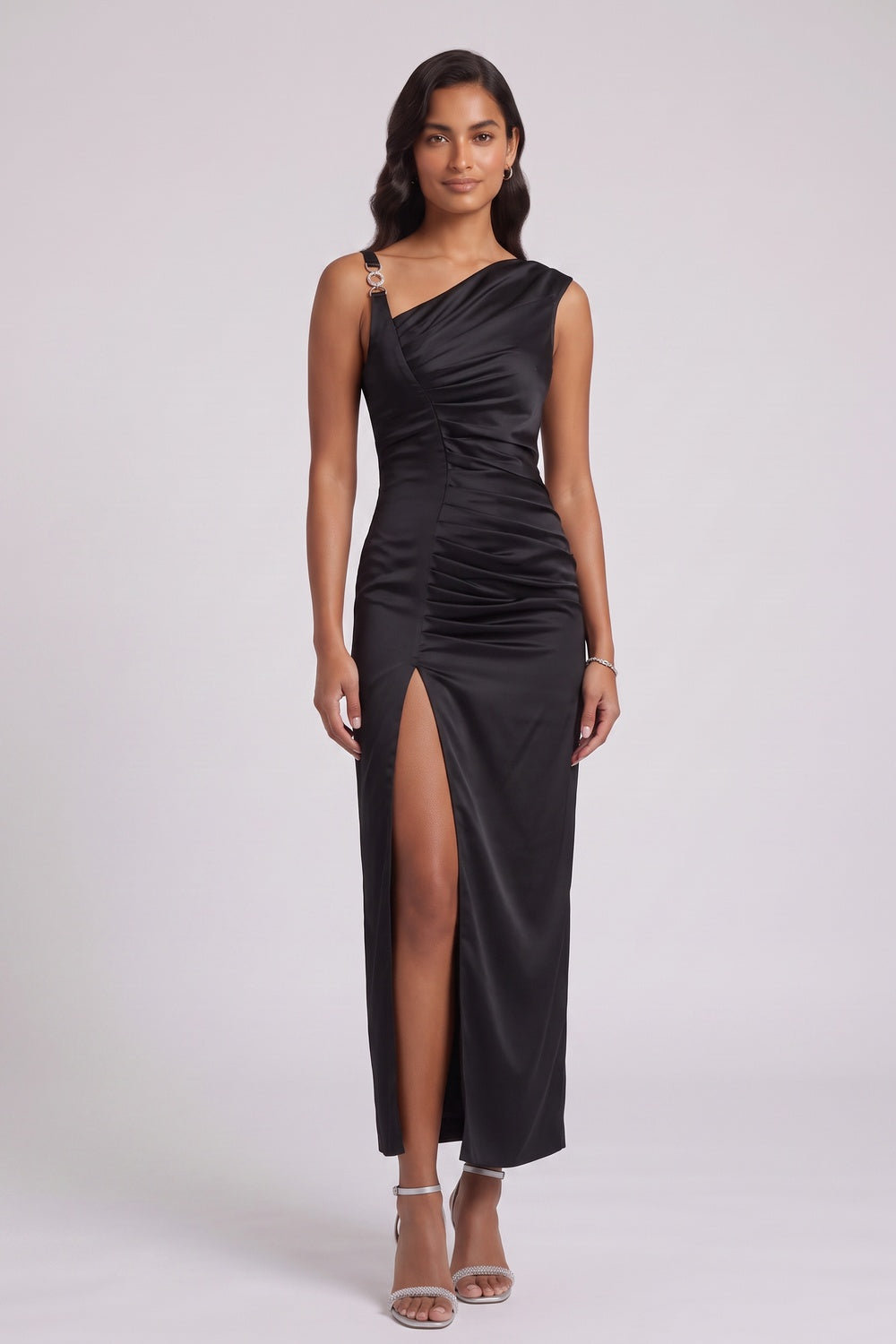 black satin column dress black satin dress - product view 4