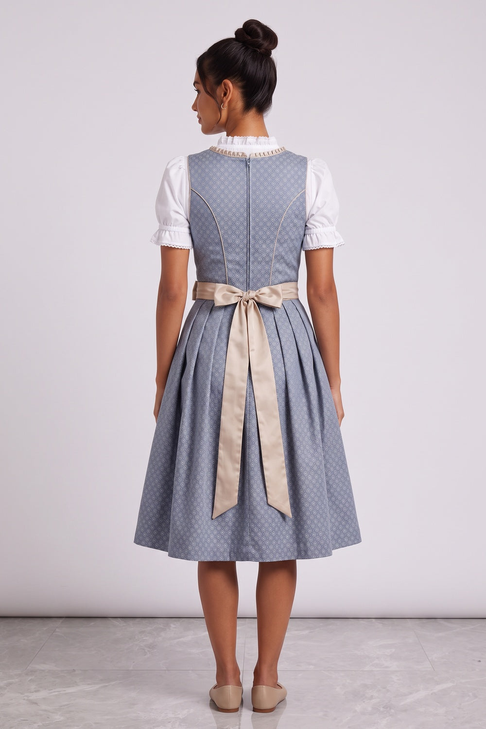 dusty blue woven jacquard fit-and-flare dirndl dress set dusty blue, champagne beige, white woven jacquard dirndl dress set - product view 5
