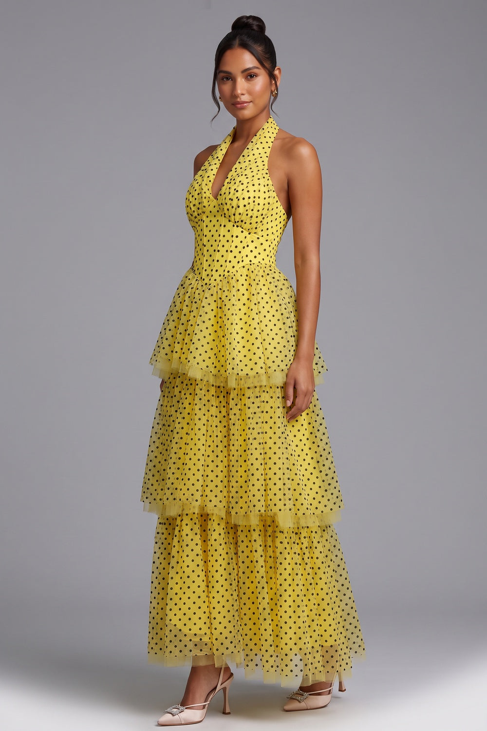 Yellow Polka Dot Tiered Halter Maxi Dress Premium Fabric - product view 4