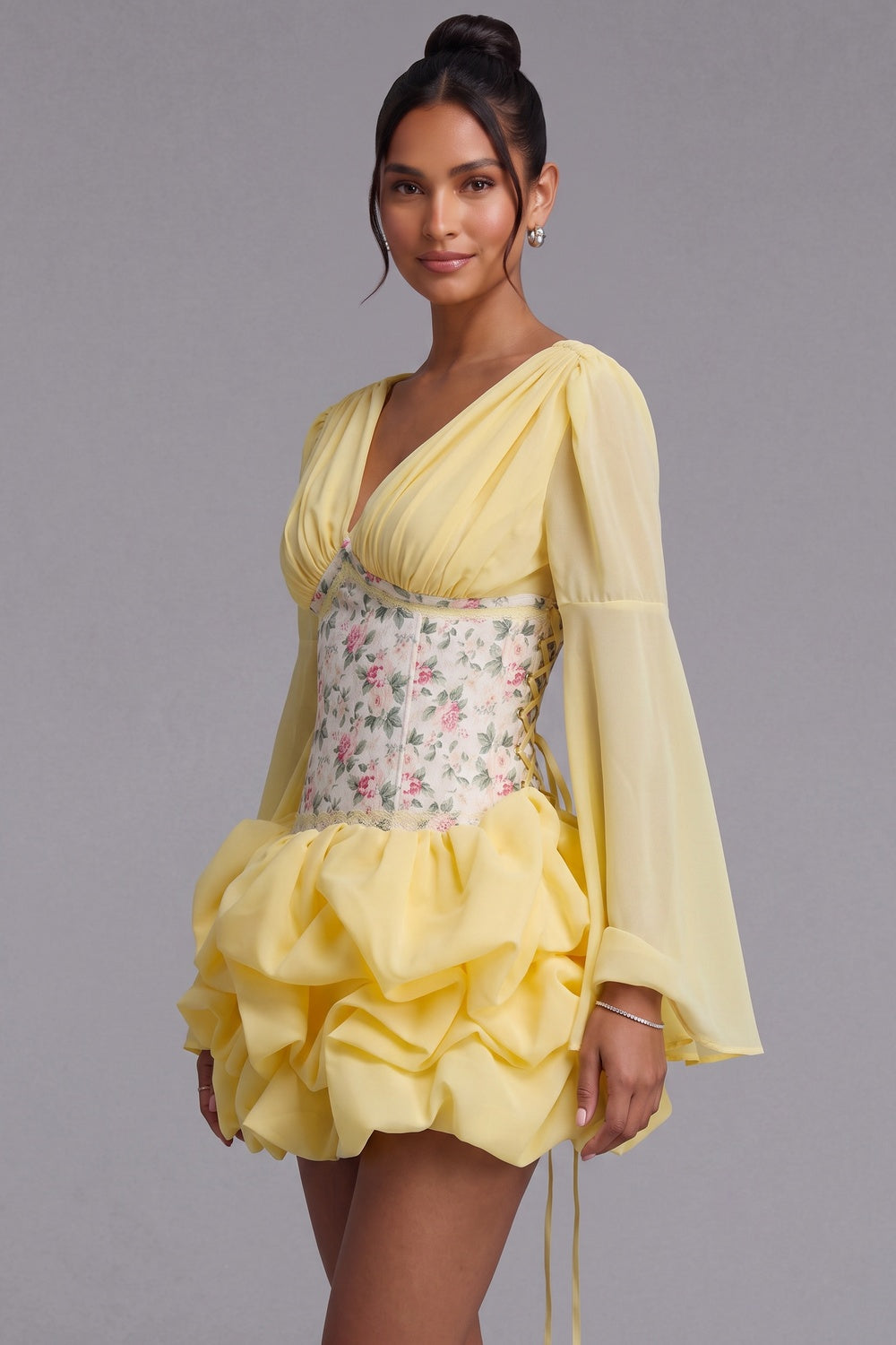 Pastel Yellow Chiffon Fit-and-Flare Mini Dress with Corset Bodice pastel yellow chiffon mini dress - product view 4