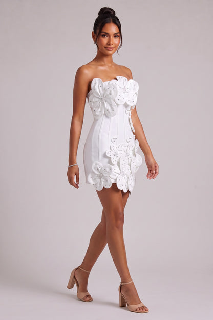 White Structured Crepe 3D Floral Bodycon Mini Dress white structured crepe dress - product view 3