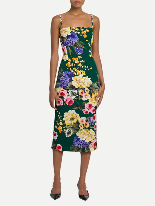 floral print sheath midi dress in green